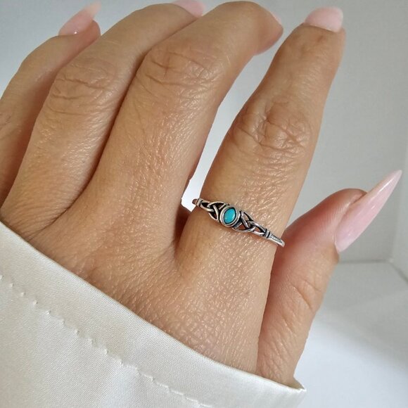 Women's 925 Sterling Silver Turquoise Celtic Ring Tiny Dainty Celtic Stone Ring - Picture 7 of 10